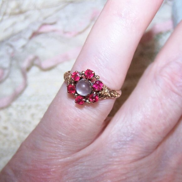 Antique Unbranded Jewelry - Antique Victorian 14K Gold Moonstone Pink Quartz Engagement Ring - Size 5
